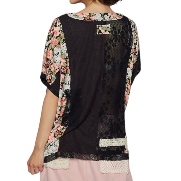 POL Floral Lace Patchwork Top-BLACK S/M/L NIP POL SHORT SLEEVE PATCH - Picture 14 of 16